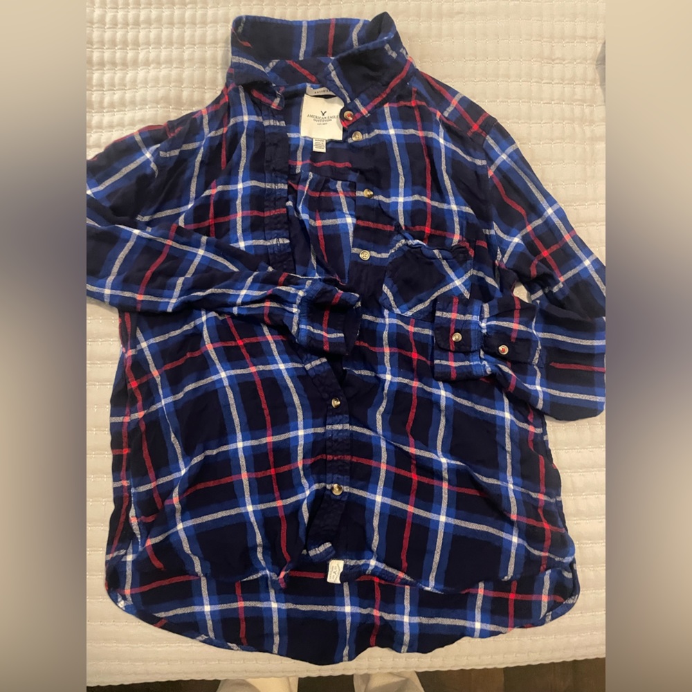 American Eagle Boyfriend flannel. Plaid with blue, red, white. Size medium
